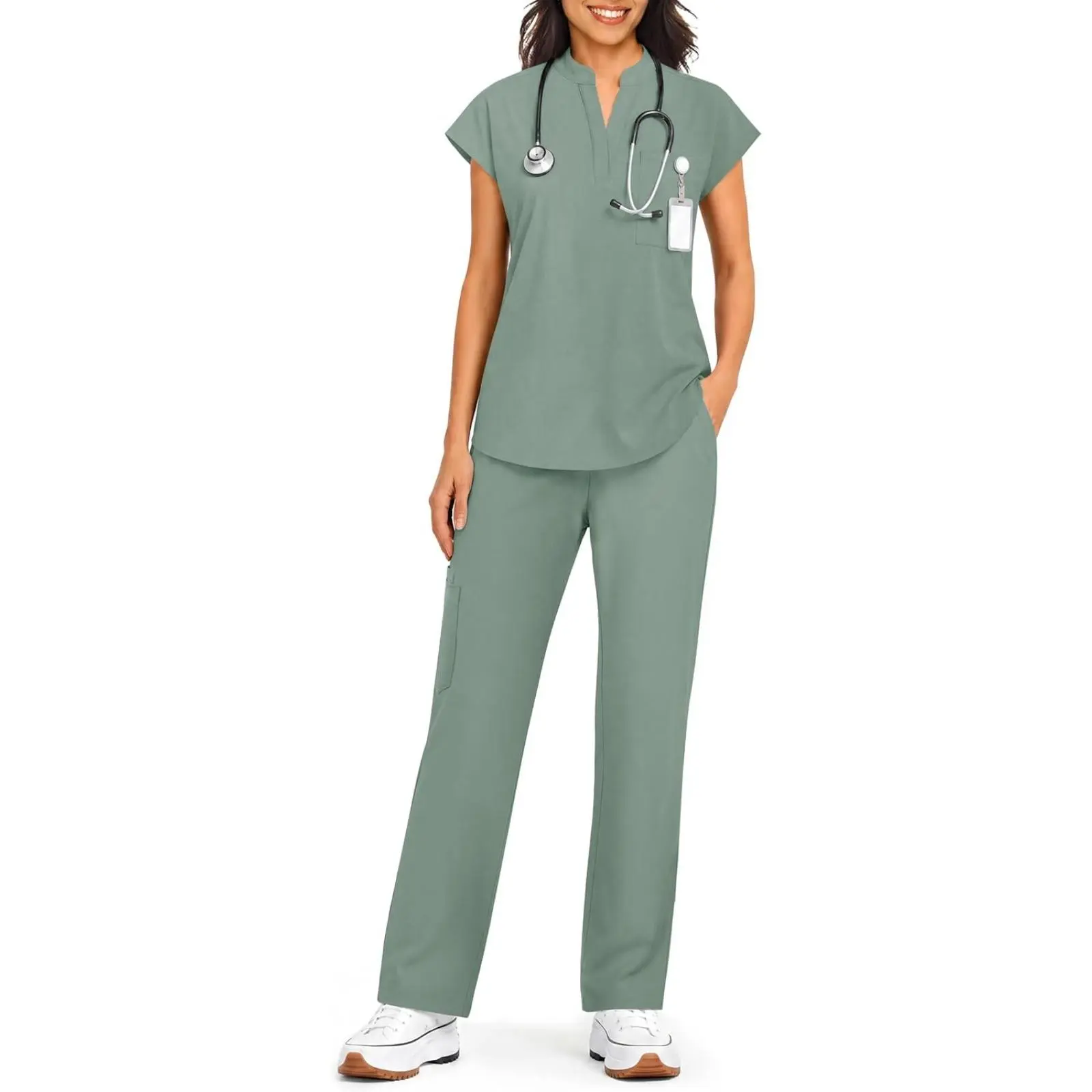 Women's Yousify 2-Piece Polyester Workwear Uniforms Scrubs Set - Stand-Up Collar Top, Criss Cross Accent, Straight Leg Pants, 7 Pockets, Loose Fit, Machine Washable