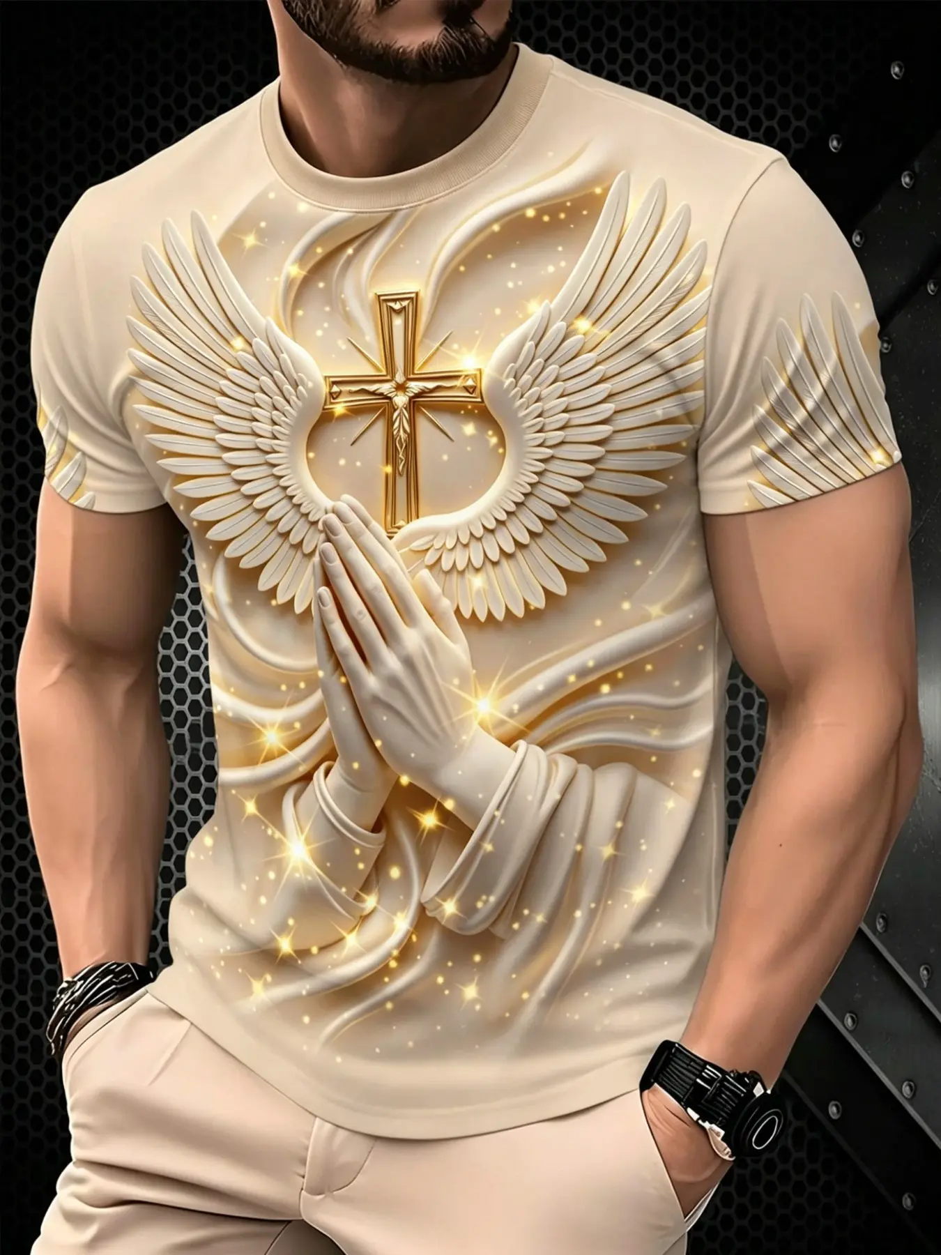 Men's Beige Crew Neck Short Sleeve T Shirt  Relief Praying Hands Wing Cross Sparkle Graphic Tees Religious Faith Casual Street Loose Fashion Tops