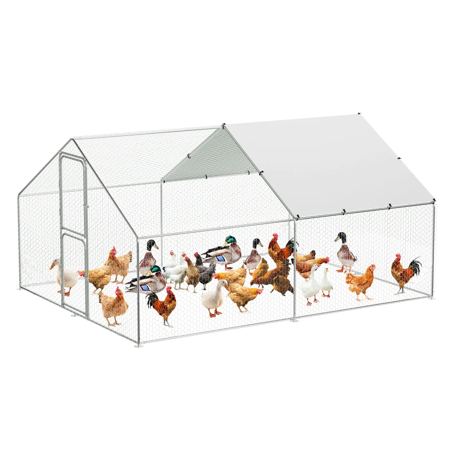 Chicken Coop  Large Metal  with Waterproof and Anti-UV Cover, Walk-in Poultry Cage with Double Door, Large Chicken Run for Backyard Farm Use