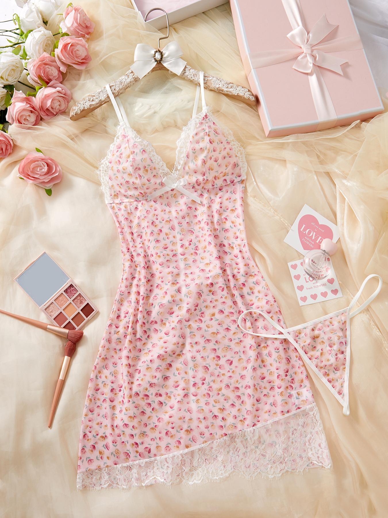 Women's Elegant Strapless Sleepwear Set, Floral Lace Cups, Adjustable Thin Straps, Soft High Stretch Fabric, Casual Waistband Pajamas