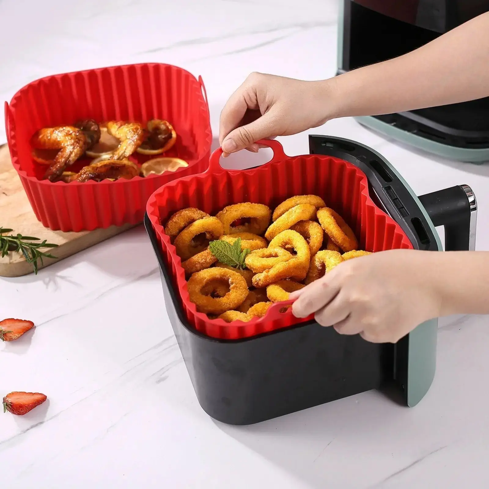 Square Silicone Air Fryer Liners, 2 Pack Reusable Non-Stick Parchment Paper Alternative with Raised Ridges for Oil Drainage, Dishwasher Safe Inserts for 3-5 QT Baskets, Food Grade, Disposable
