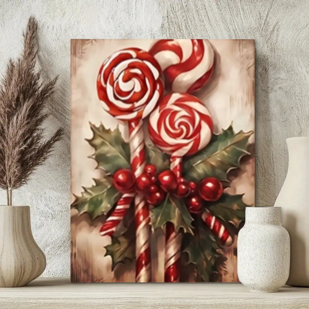 Vintage Christmas Wall Art, Canvas Painting, Red And White Swirl Lollipops With Holly Berries Pattern, High Definition Giclee Print On Stretched Canvas, Holiday Home Decor For Living Room Or Bedroom, 1 Piece Unframed