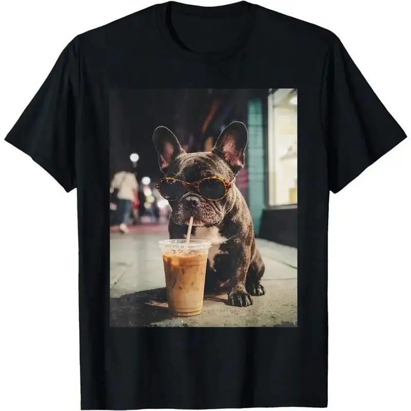 French Bulldog Drinking Iced Coffee Funny Animal T-Shirt