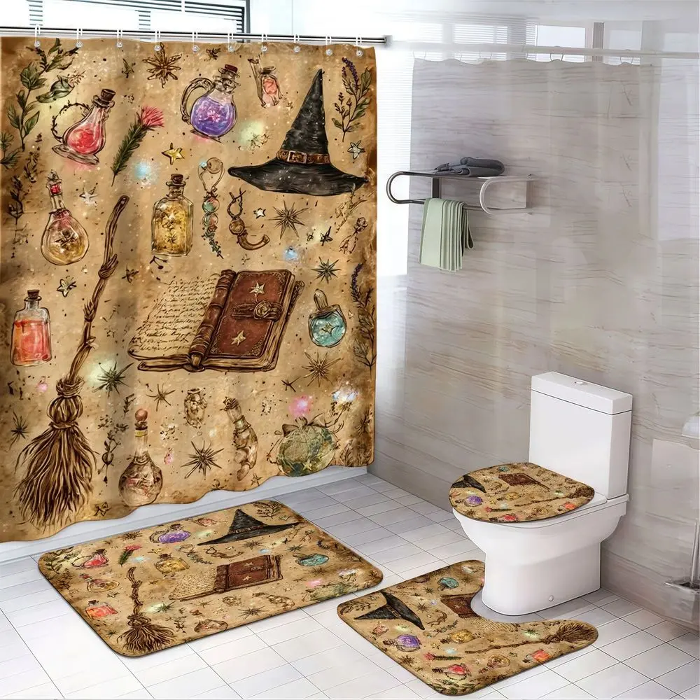 4pcs Vintage Witchy Books & Potion Bottles Shower Curtain Set, Spell Magic Stars Crystal Wand Moon Halloween Bathroom Decor, Cottagecore Aesthetic