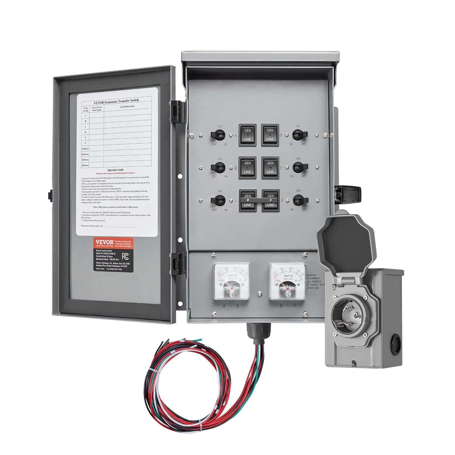 【toolupgrade】VEVOR Manual Transfer Switch, 30-Amp 6-Circuit, Prewired Generator Transfer Switch Kit with NEMA L14-30P Power Inlet Box, Double-Throw Switch, NEMA 3R, Mechanical Watt Meter, for 7500W Generators