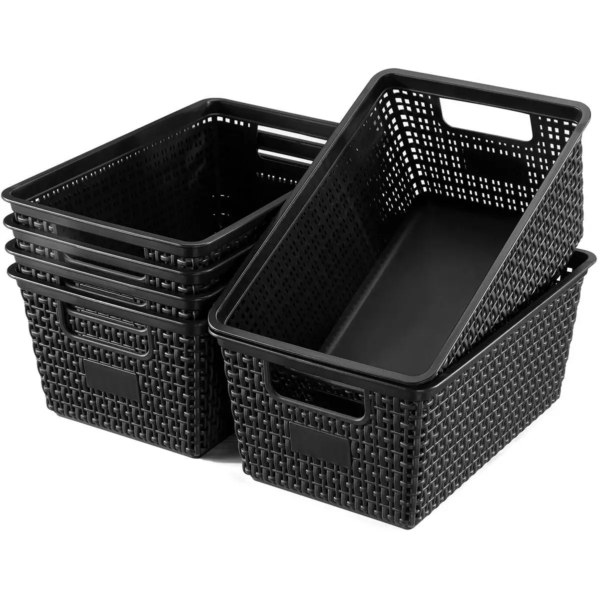 Set of 6 Black Plastic Storage Baskets for Organizing, Small Bins for Shelves Drawers Desktop Closet Playroom Classroom Office