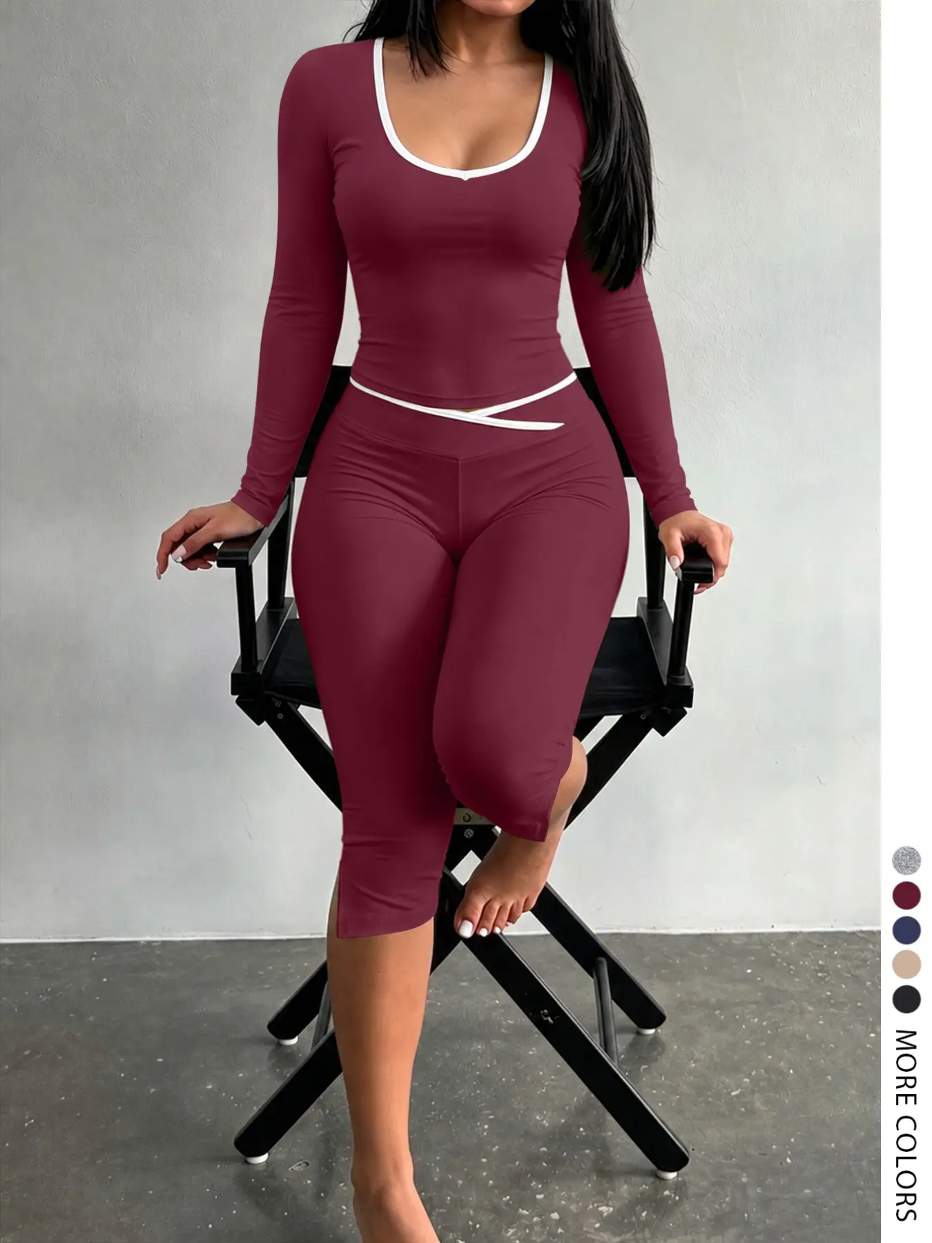 Lw Home Women's Slim-Fit Long Sleeve and Capri Set, Solid Color, Cross Waist Design, Perfect for Home Wear, Autumn Fashion，Daily Casual Matching Outfit for Women
