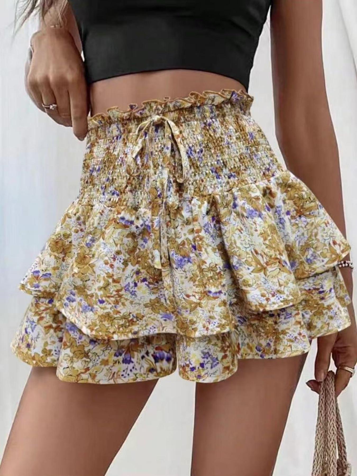 Women's Floral Print Woven Fabric Frill Trim Shirred Tiered Layer Shorts, Casual Lightweight Loose High Waist Tie Front Drawstring Wide Leg Shorts for Spring & Fall, Women's Bottoms for Daily Wear, 1 Piece Womenswear