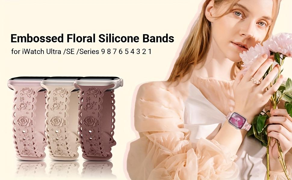 4-Pack Lace Engraved Rose Apple Watch Bands – Slim Lightweight Sport Strap 38–49mm (Series 1–10, SE, Ultra / Ultra 2), Women