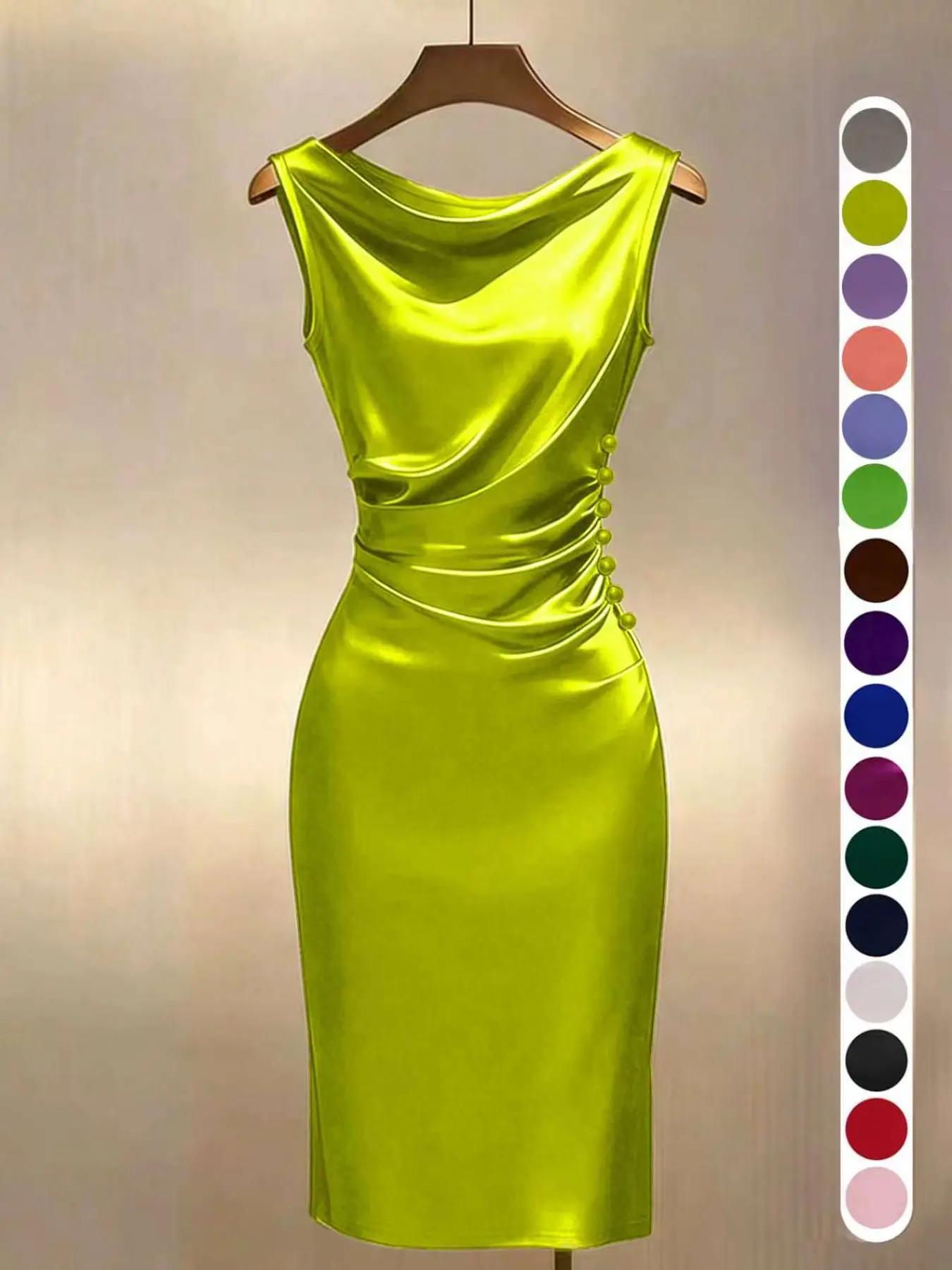 Summer Knit Satin Dress, Champagne Color, Sleeveless, Slim Fit, Elegant Style, Party Dress, Office Wear, Wedding Guest Dress, Birthday Dress YHFF2640