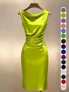 Summer Knit Satin Dress, Champagne Color, Sleeveless, Slim Fit, Elegant Style, Party Dress, Office Wear, Wedding Guest Dress, Birthday Dress YHFF2640