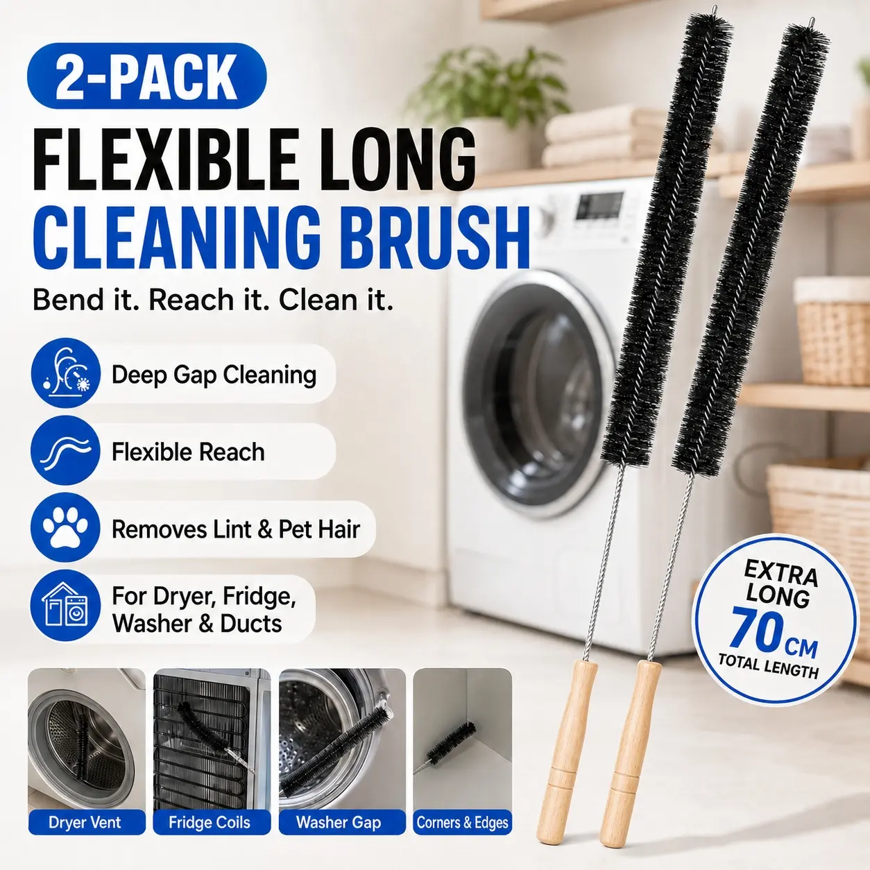Flexible Dryer Vent Cleaner Brush 70cm/27.5in Long, Heavy Duty Lint Trap & Refrigerator Condenser Coil Cleaning Brush with Bendable Wire, Wood Handle, Thick Nylon Bristles for Washer Drum, Exhaust Duct, Appliance Gap, Home Cleaning