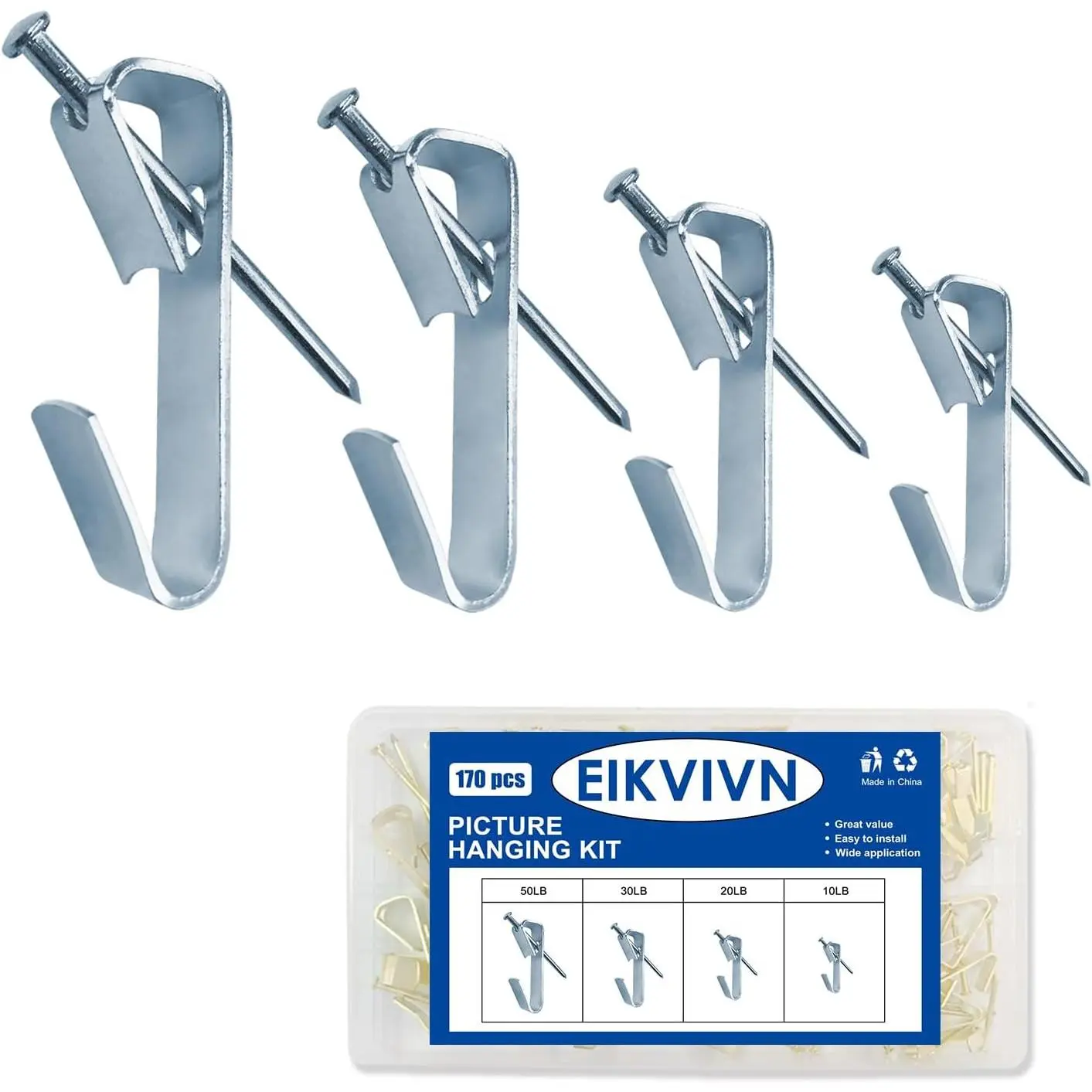 Picture Hangers Holds 10-50lbs, 170 count Picture  Kit,  Picture Hooks with Nails,  Dry Wall, Wooden Wall
