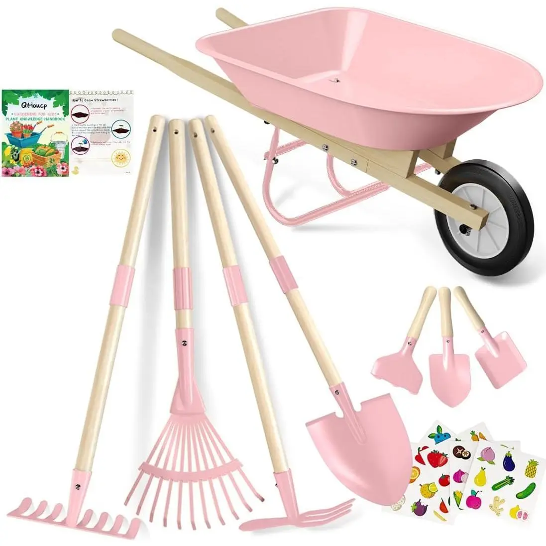 Kids Wood & Steel Weather-Resistant Wheelbarrow Set with Gardening Tools, All-Season Outdoor Backyard Play for 3-8 Toddlers, Easter Birthday Gifts (Pink Set: Shovel, Rake, Leaf Rake)