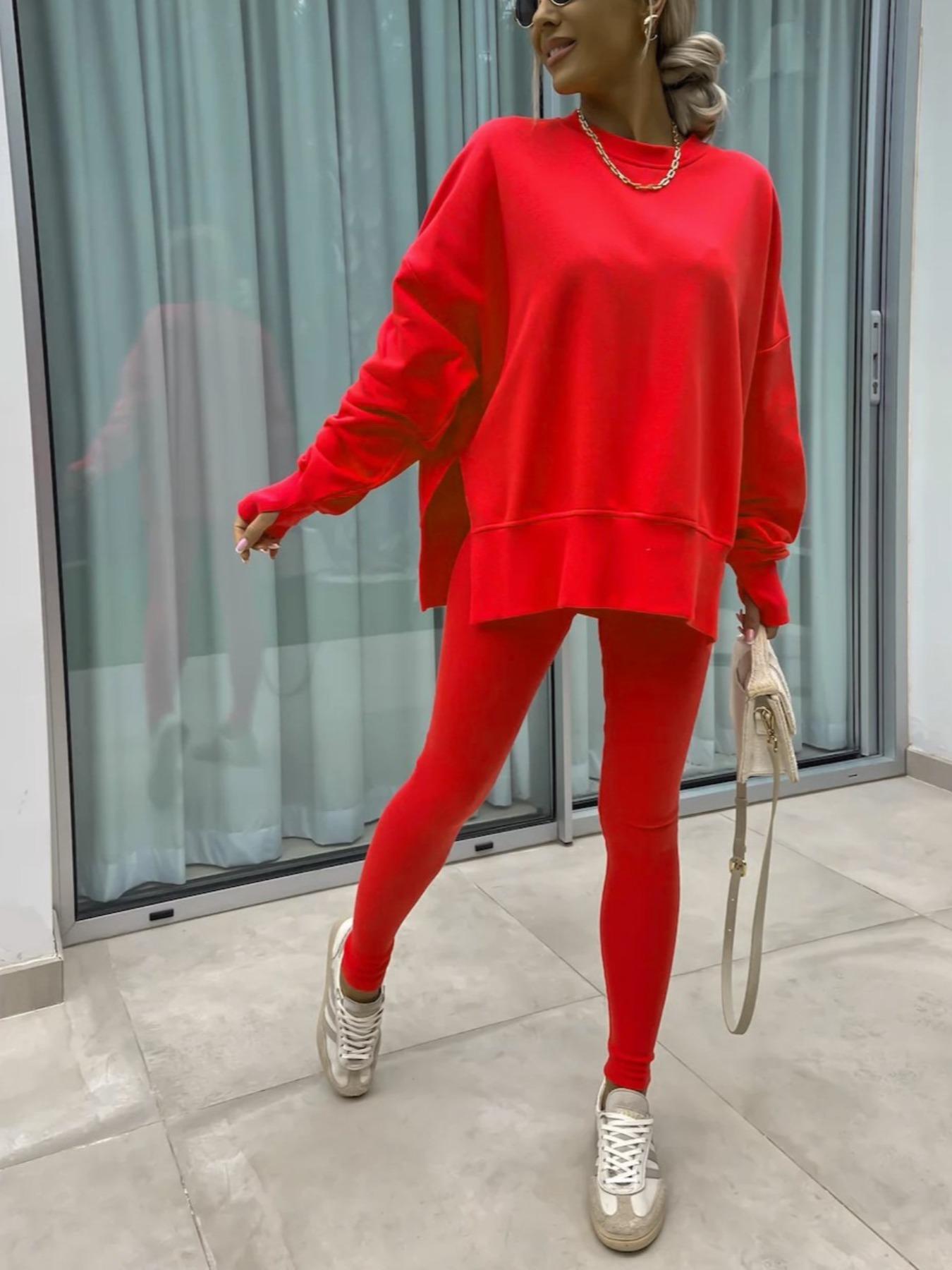 Women's Solid Drop Shoulder Split Hem Sporty Round Neck Sweatshirt & Pants Two-piece Set, Sweatsuit Matching Set, Casual Fashion Cozy Breathable Outfits for Daily Outdoor Wear, Ladies Sportswear for All Seasons