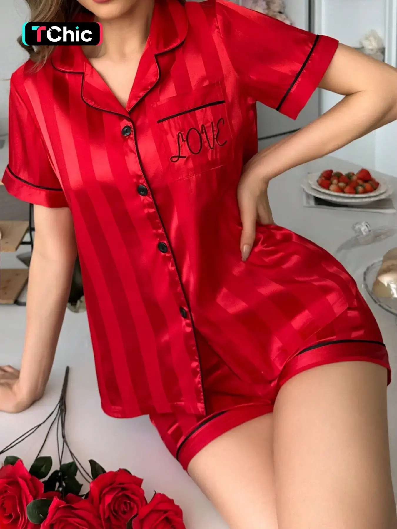 Women's 2-Piece Satin Pajama Set, Striped Collared Short Sleeve Top with Pockets, Bow Shorts, Casual Home Wear, Loungewear, Comfortable Sleepwear, Lounge Pjs Set
