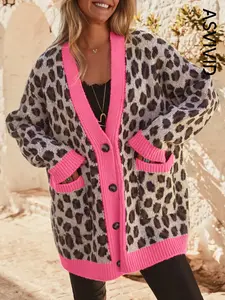 Women's Casual Leopard Print Color Block Trim Button Down Drop Shoulder Oversized Cardigan Sweater, Long Sleeve for Spring & Fall
