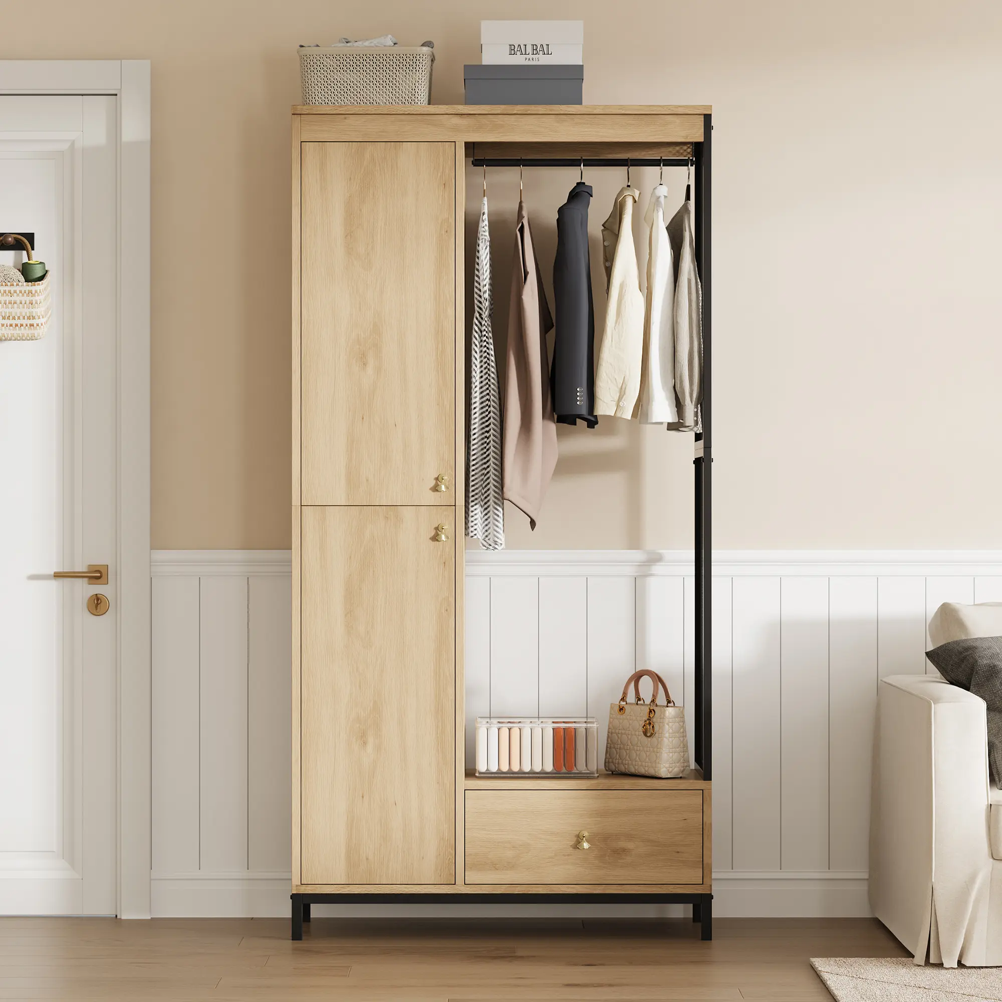78.9” Large Wardrobe Closet with Doors & Drawers, Wooden Frame Armoire with Shelves, Open Hanging Space & Storage Compartment – Bedroom Storage Cabinet for Clothes, Bedding