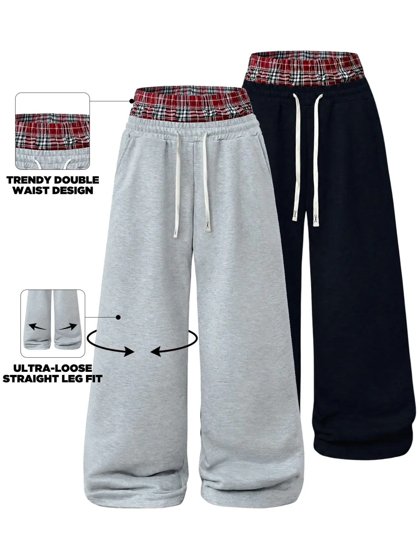 Men's Fall Street Style Workout Pants, 2-In-1 Thick Knit Joggers, Elastic Drawstring Waist, Wide Leg Casual Pants