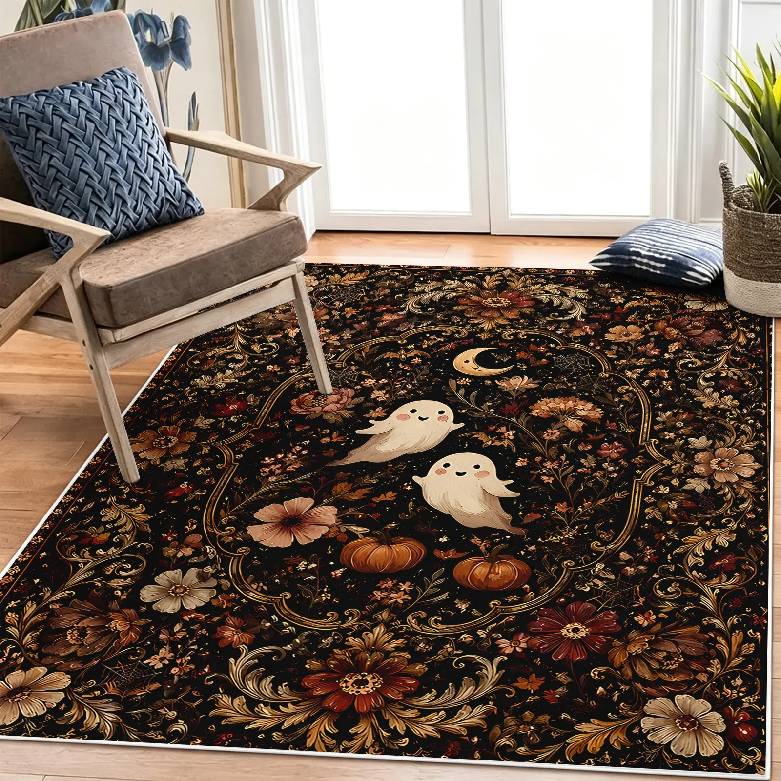 1pc 8x10ft Dark Floral Halloween Area Rug, Black Base with Cute Ghost and Pumpkin Motif Carpet, Soft, Non-Slip, Machine-Washable Floor Covering, Stain-Resistant, Low-Pile Rug, Aesthetic Decor for Living Room and Bedroom, Modern, Faux Wool, Multi-Size