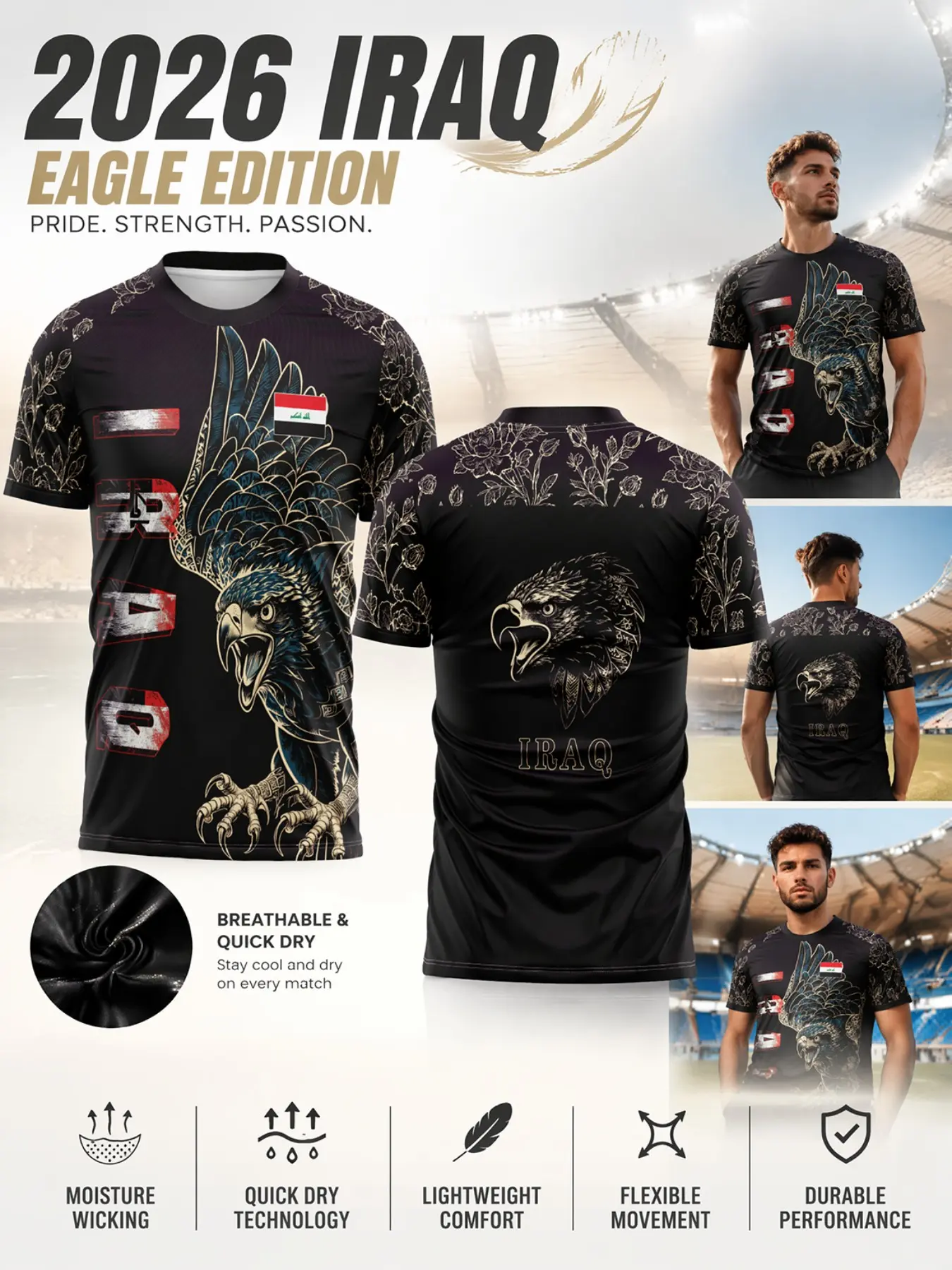 2026 Iraq Soccer Jersey, Football Jersey, Mesh Arabic Flower Print, Quick-Dry Lightweight Sporty T-Shirt, Ideal for Fans, Matches, Training
