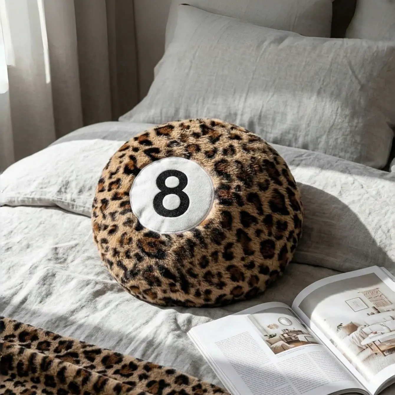 1PC Fluffy Leopard & Black 8-Ball Pillows! Instantly style your bed or couch with this iconic Y2K preppy vibe. 🎱 The perfect all-season room upgrade & holiday decor must-have! An obsessed-worthy gift for friends! Fluffy Stuffed Cushion 🖤