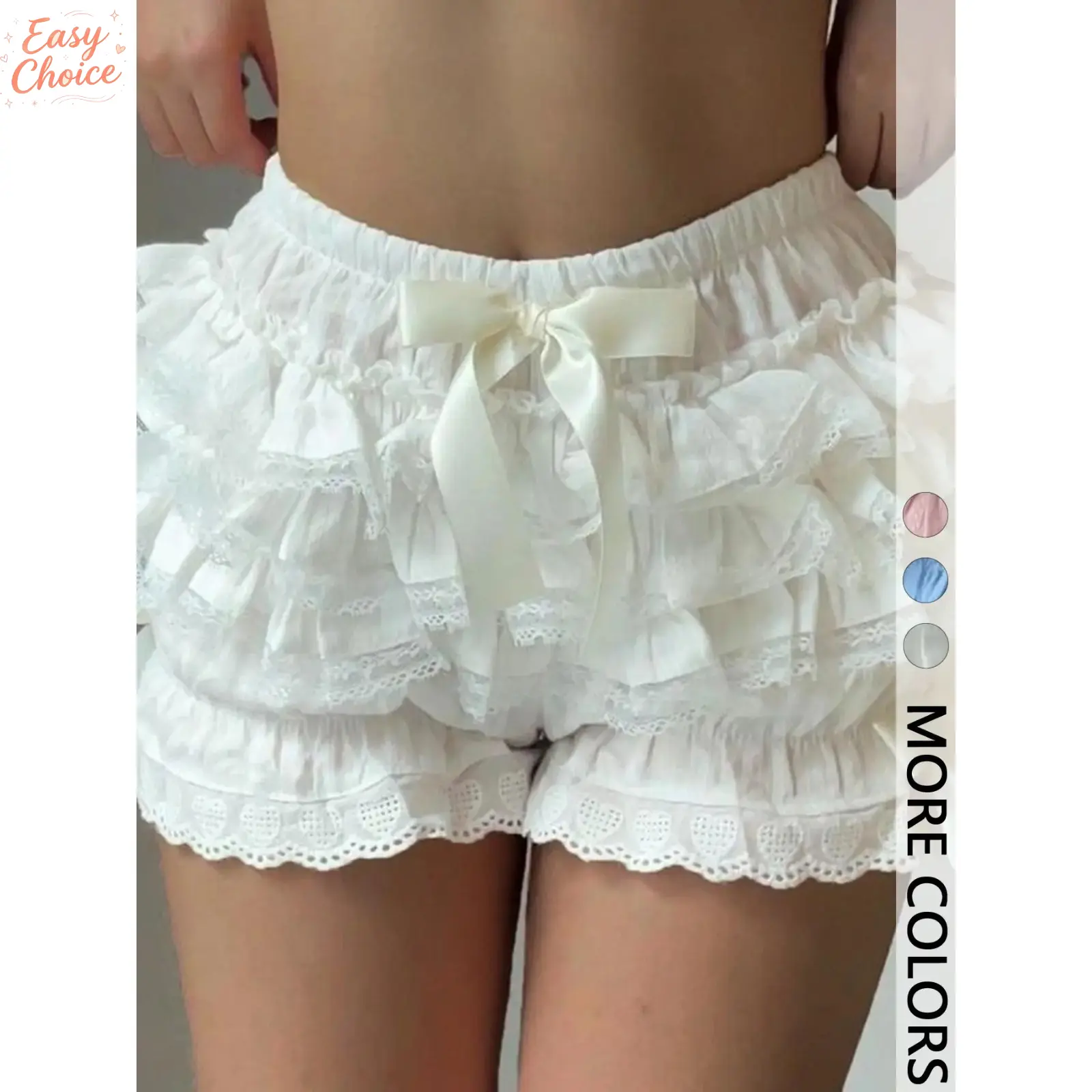 Women's High Waist Tiered Ruffle Lace Bloomers, Lolita Aesthetic Ruffle Shorts with Bow Detail