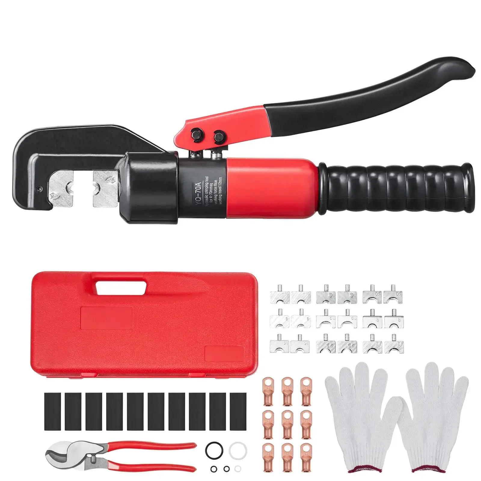 Hydraulic Crimping Tool, Various specifications, with Copper And Aluminum Terminal Battery Lug Crimper, with a Cutting Pliers, Gloves, Copper Ring Connectors, Heat Shrink Sleeves, Crimping Tool Kit, Cable Crimper