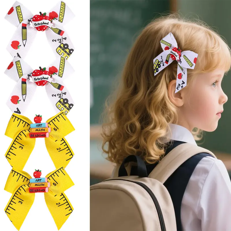 Back-to-School Bow Hair Clips for Girls – Preppy School Style Hair Accessories, Cute Letter Print Ribbon Hairpins, Handmade Fashion Hair Bows for School Daily Wear