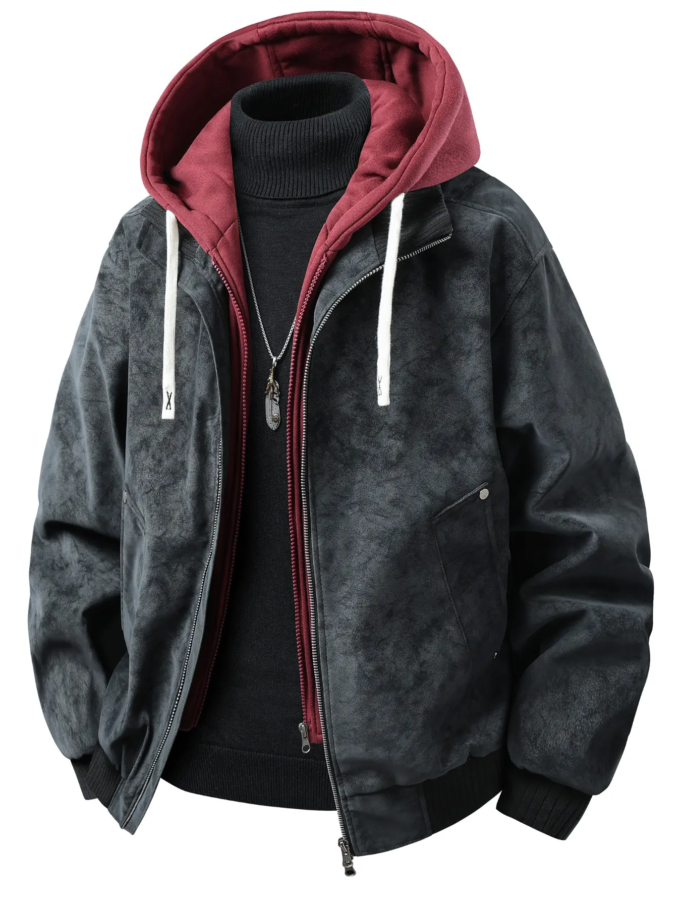 Men's Detachable Hood PU Jacket, Casual Long Sleeve Outerwear, Loose-Fitting Contrast Binding, Ideal for Daily and Outdoor Wear