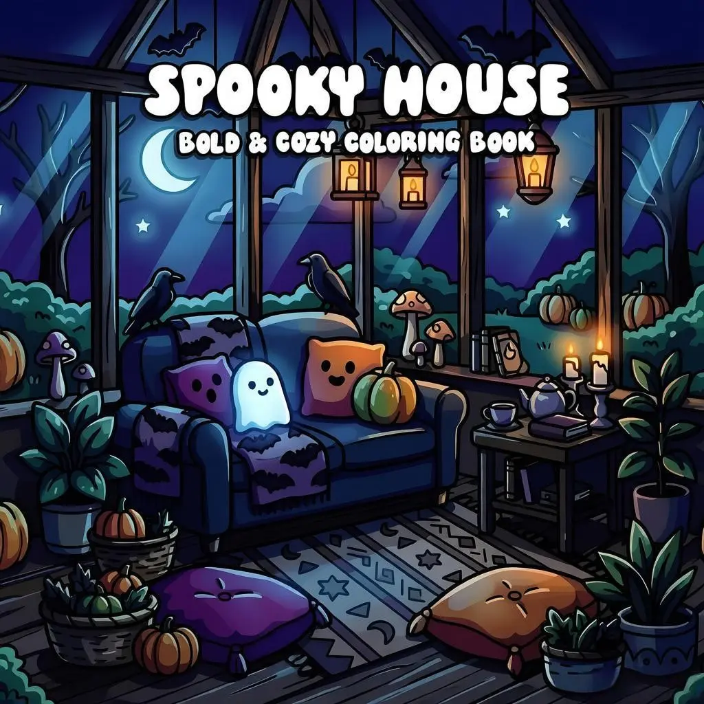 Spooky House Bold & Cozy Coloring Book For Adults Teens, Cute Halloween Ghost Pumpkin Bat Mushroom Cozy Interior Coloring Pages, Scenes, Dark Cottagecore ASMR Stress Relief Coloring Therapy, Beginner Friendly Spooky Cute Coloring Book, Cute Ghosts, gifts