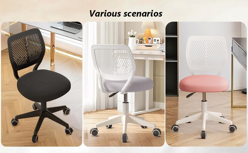 Armless Desk Chair, Height Adjustable Swivel Office Rolling Task Chairs with Soft Mesh Padded Cushion, Ergonomic Small Study Computer Chair for Girls Boys Teens (Pink, 1PC)