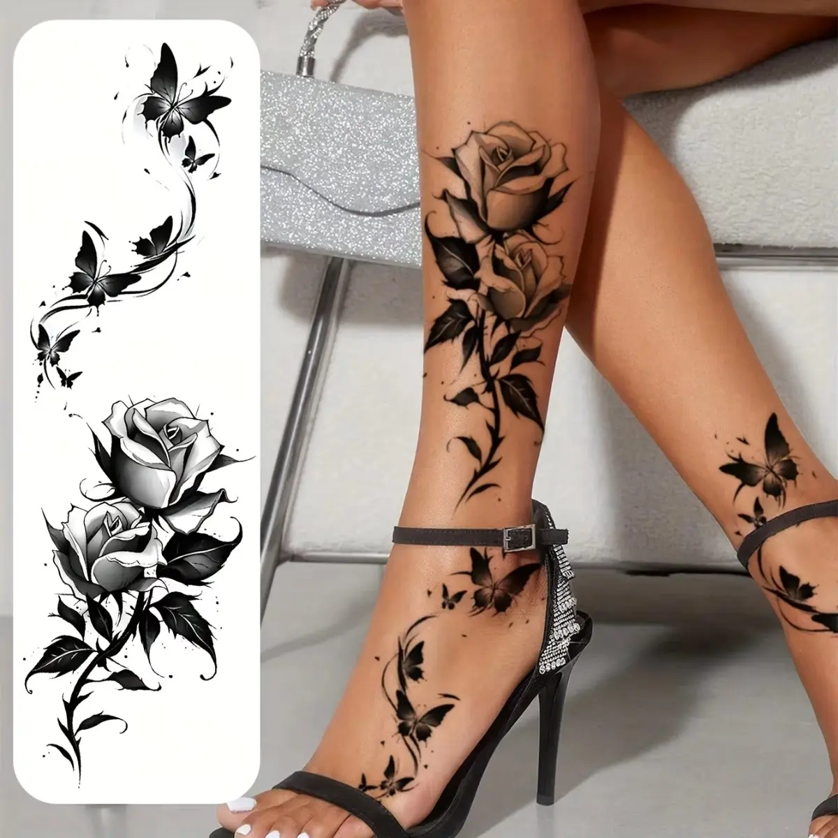 Temporary Tattoo Stickers for Women, 2-Piece Elegant Black Flower & Butterfly Fake Tattoo Set, Waterproof & Long-Lasting for Arm, Leg & Chest, Temporary Fake Tattoos, Fake Tattoos