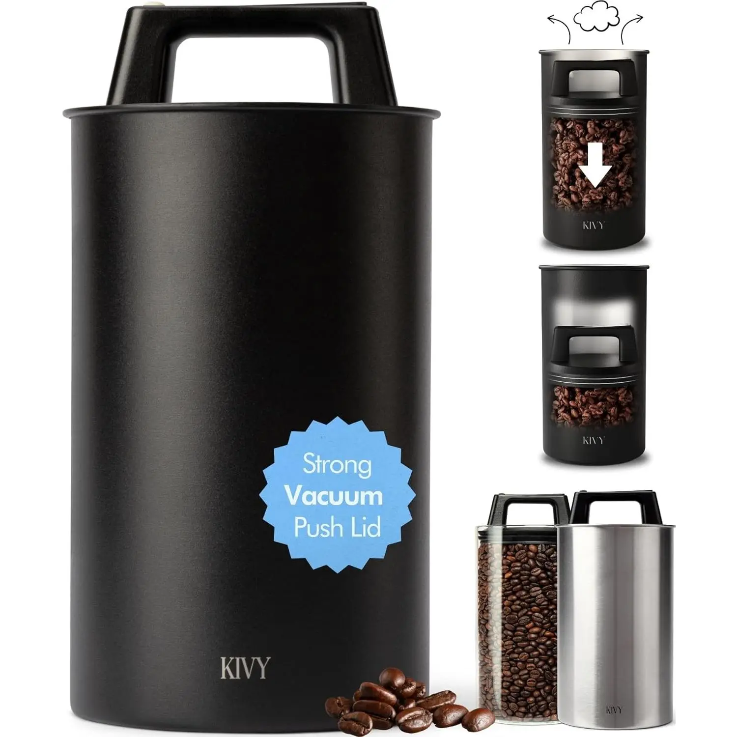 Vacuum Coffee Canister - Push Lid Preserves Coffee Aroma & Oil - Stainless Steel Airtight Coffee Canister - Container for Ground & Coffee Bean Storage - Coffee Storage Jar - Removes Excess AirGift