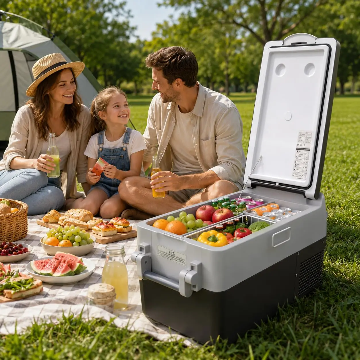 12V Dual Zone Portable Car Refrigerator Freezer, Fast Compressor Cooling to -4℉, Smart App & LCD Temperature Control, MAX/ECO Energy Modes Quiet 40dB Portable Cooler with Cup Holders Removable Basket for Road Trip Camping Fishing
