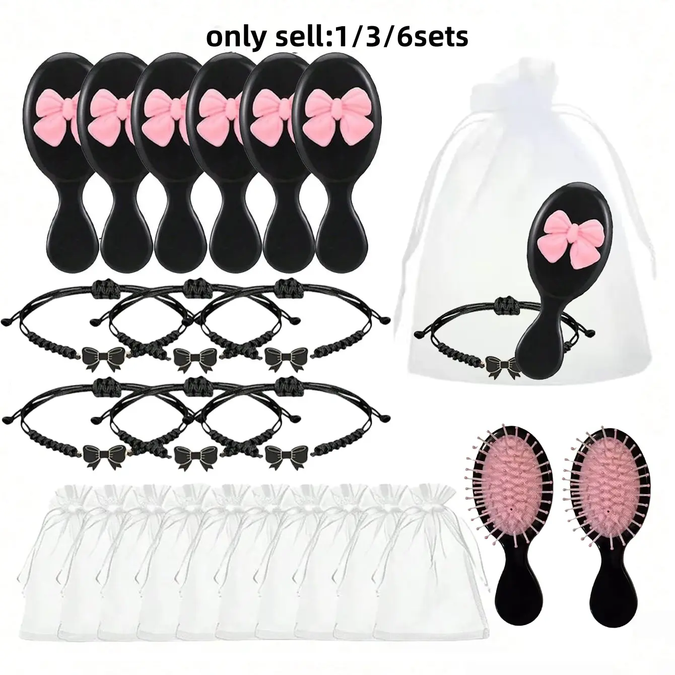 Mini Hair Comb Set, Travel Comb, Bow Bracelet, Organza Bag, Bow Travel Comb, Girls' Scalp Massager, Portable Pocket Size, Party Gift
