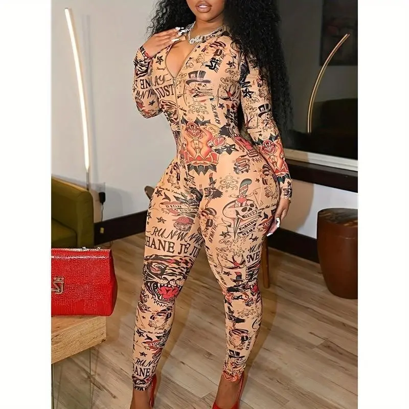 Printed Zipper V-Neck Skinny Jumpsuit