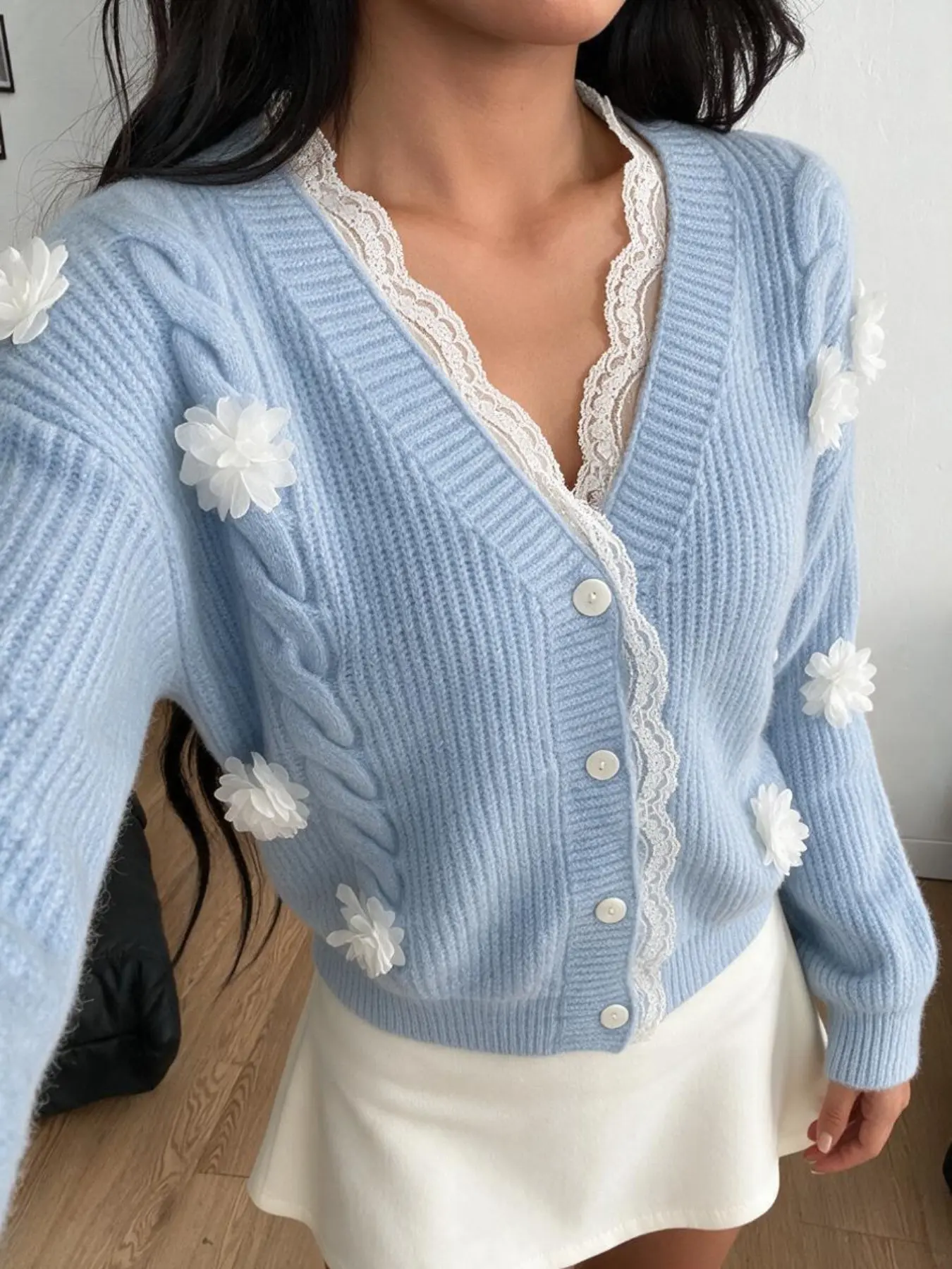 Women Sweet Girly Loose Knit Cardigan, Baby Blue Cable Twist Fabric 3D White Flower Decor V Neck Single Breasted Long Sleeve Soft Daily Sweater Coat Knitwear