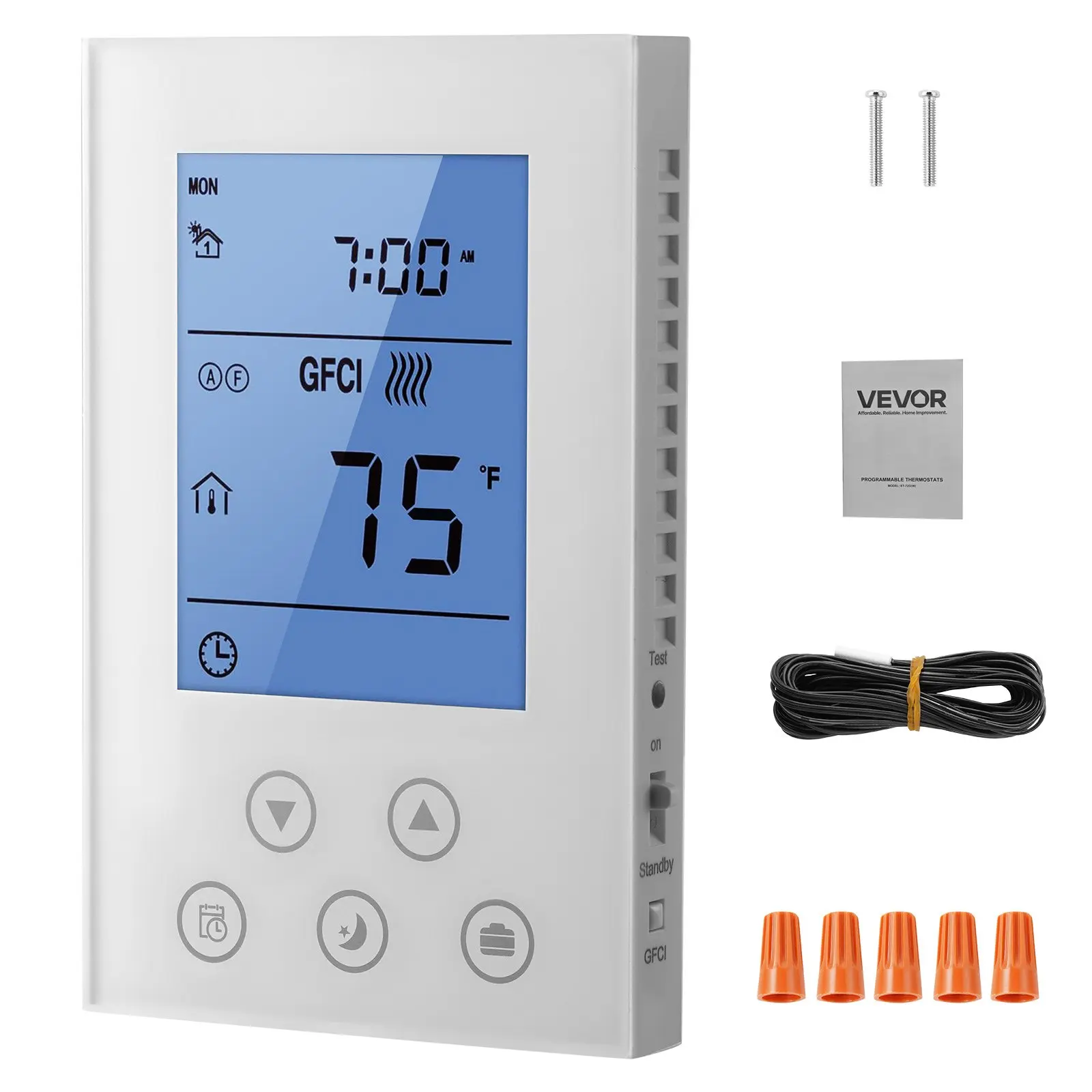 VEVOR Home 7-Day Programmable Temp Control Thermostat for Radiant Underfloor Heating Cable, Heat Pump - White, Built-in GFCI Sensitive Sensor, Large Backlighted LCD Screen, Energy-Efficient, Includes Manual & Step-by-Step Instructions