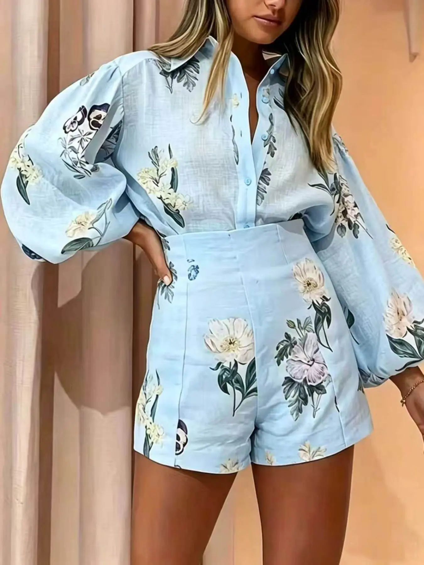 Light Blue Floral Print Lantern Sleeve Shirt and Mid-Waist Shorts Set, Summer European Style Vacation Linen Casual
