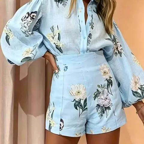 Light Blue Floral Print Lantern Sleeve Shirt and Mid-Waist Shorts Set, Summer European Style Vacation Linen Casual Beach Set Short Sets