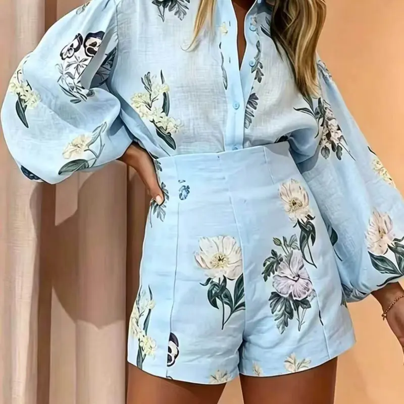 Light Blue Floral Print Lantern Sleeve Shirt and Mid-Waist Shorts Set, Summer European Style Vacation Linen Casual Beach Set Short Sets