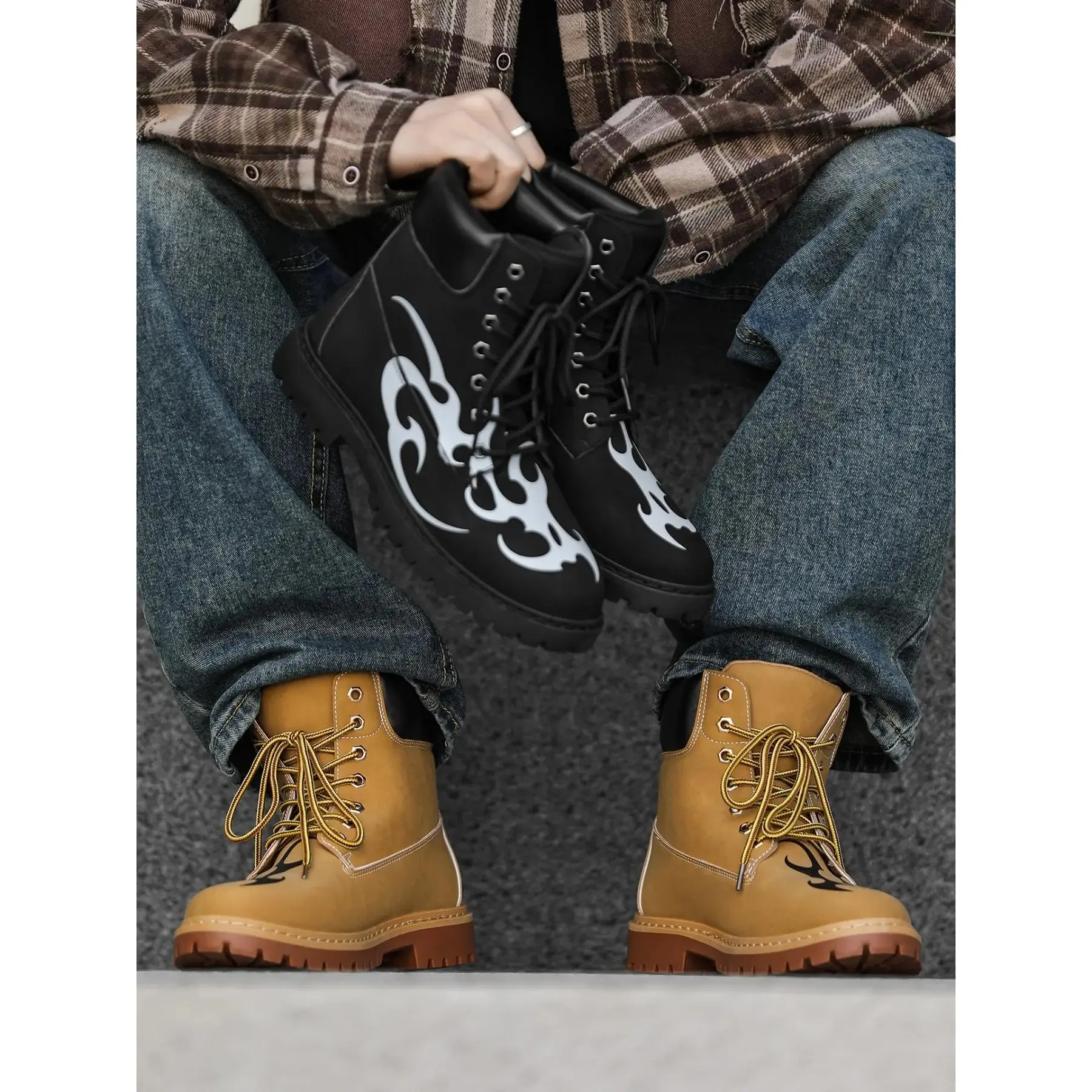 YYT1 Men's Classic Mid-Calf Boots Fall & Winter, Flame Pattern Print, PU Leather Rubber Waterproof Anti-, Vintage Style Streetwear