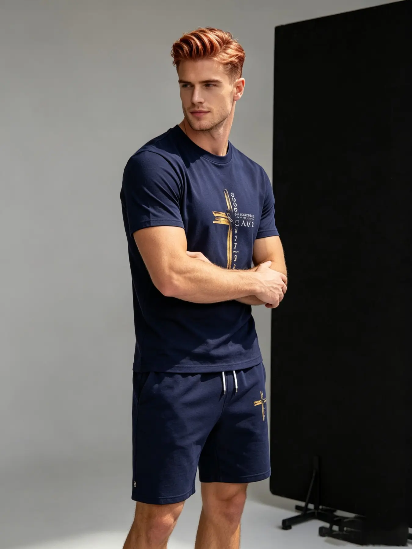Men's 2-Piece Casual Fashion T-Shirt and Shorts Set, Gold Cross Pattern, Slim-Fitting, All over Print, No Zipper, No Button, No Collar