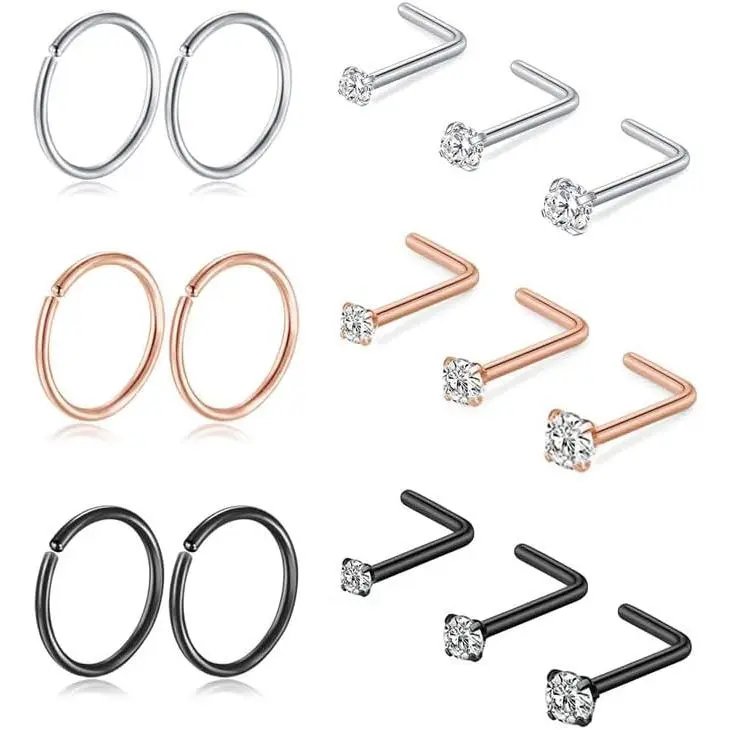 Titanium Nose Rings Hoops Studs 20G 15 count L Shaped Screw  1.5mm 2mm 2.5mm Cubic Zirconia Small  Black     for Women Men