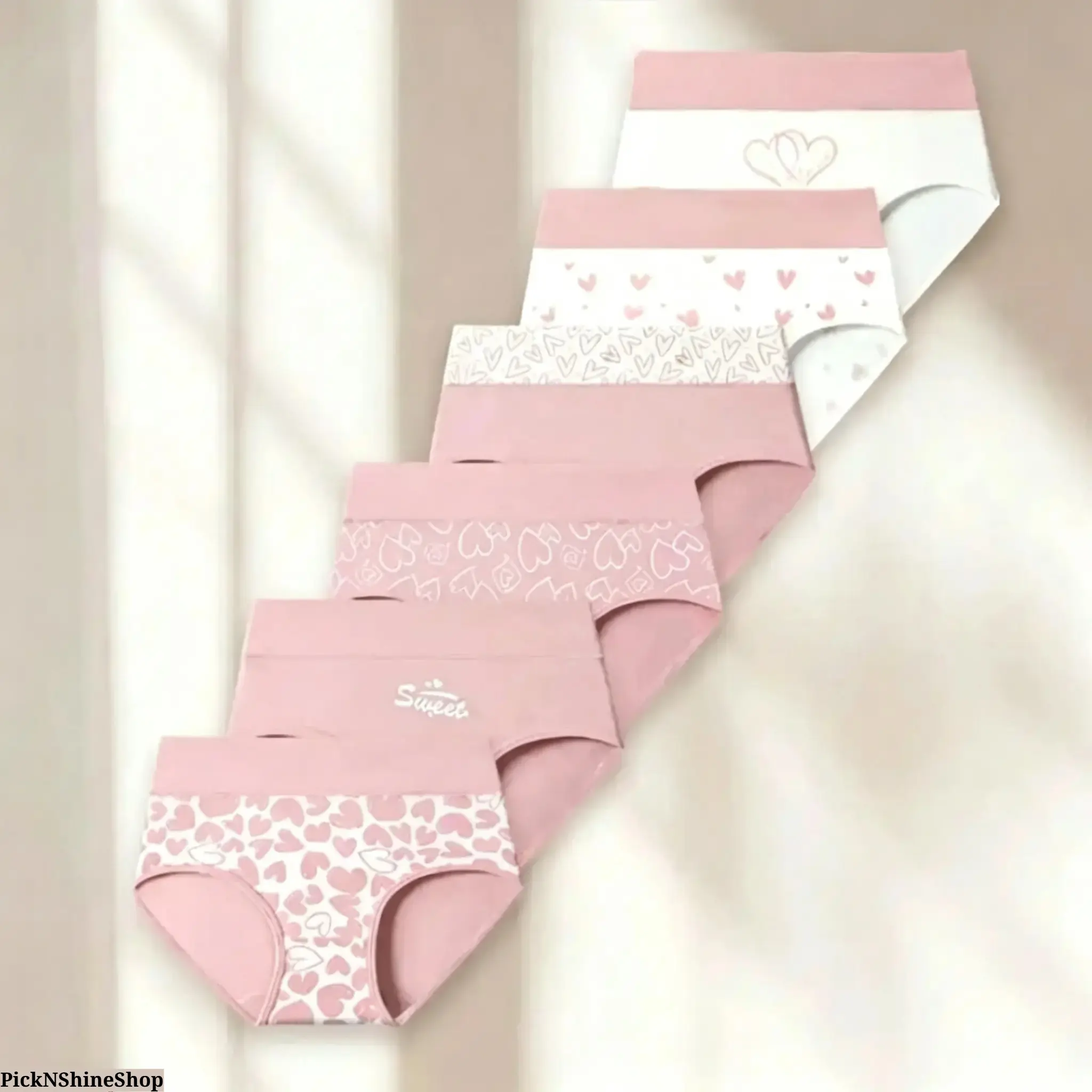 Women’s 6-Pcs Comfy Stretchy Pink Heart Lingerie Set, Soft Mid-Rise Briefs with Heart Prints, Fabric Underwear for Coquette Outfits & Self-Care Days, Breathable, Printed