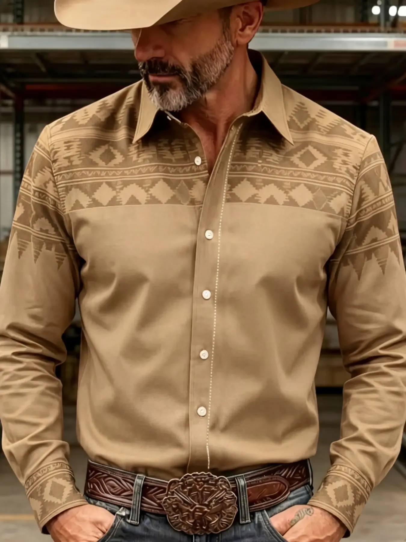 American Western Ethnic Style Men's Long Sleeve Shirt, Slim-Fitting Casual Top, Full Placket, Unlined, All Seasons, Classic Country Shirt