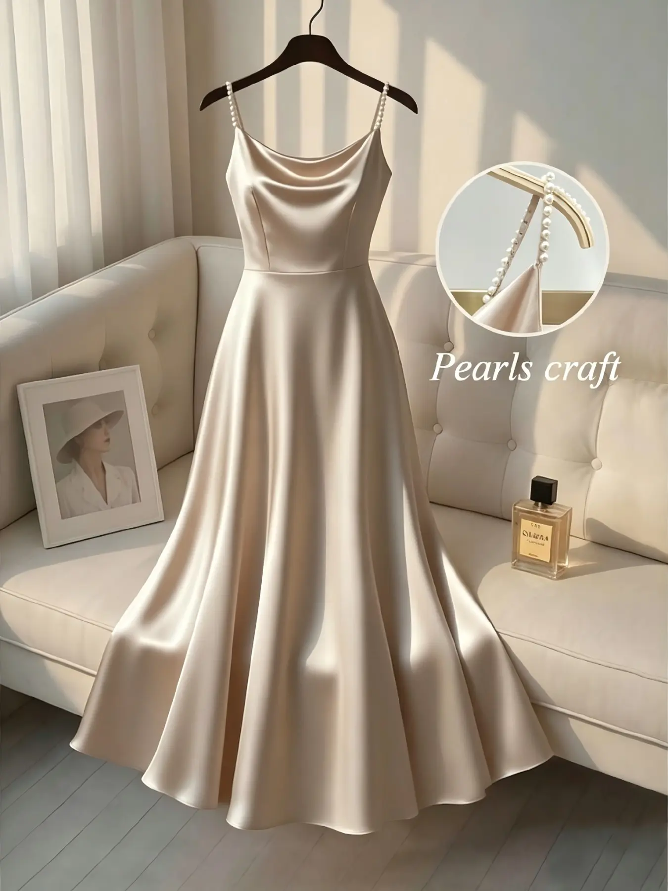 Elegant Satin Dress for Women, Handmade Beaded Strapless Formal Evening Gown, Waist Cinched Design, Pure Color Luxury Fashion, Evening Party Dresses, Elegant Evening Wear, Beaded Prom Dress