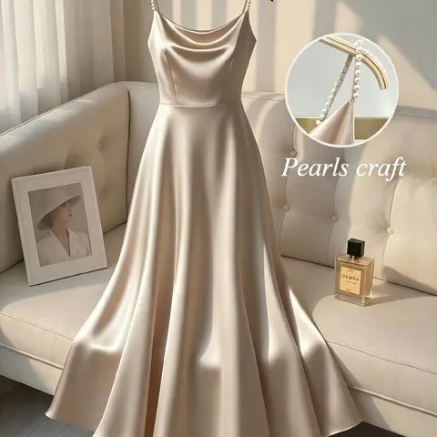 Elegant Satin Dress for Women, Handmade Beaded Strapless Evening Gown, Waist Cinched Design, Pure Color Luxury Fashion, Date Night Dresses