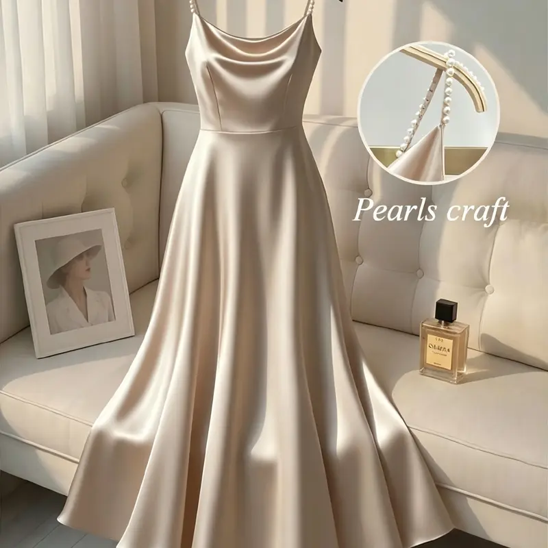 Elegant Satin Dress for Women, Handmade Beaded Strapless Evening Gown, Waist Cinched Design, Pure Color Luxury Fashion, Date Night Dresses
